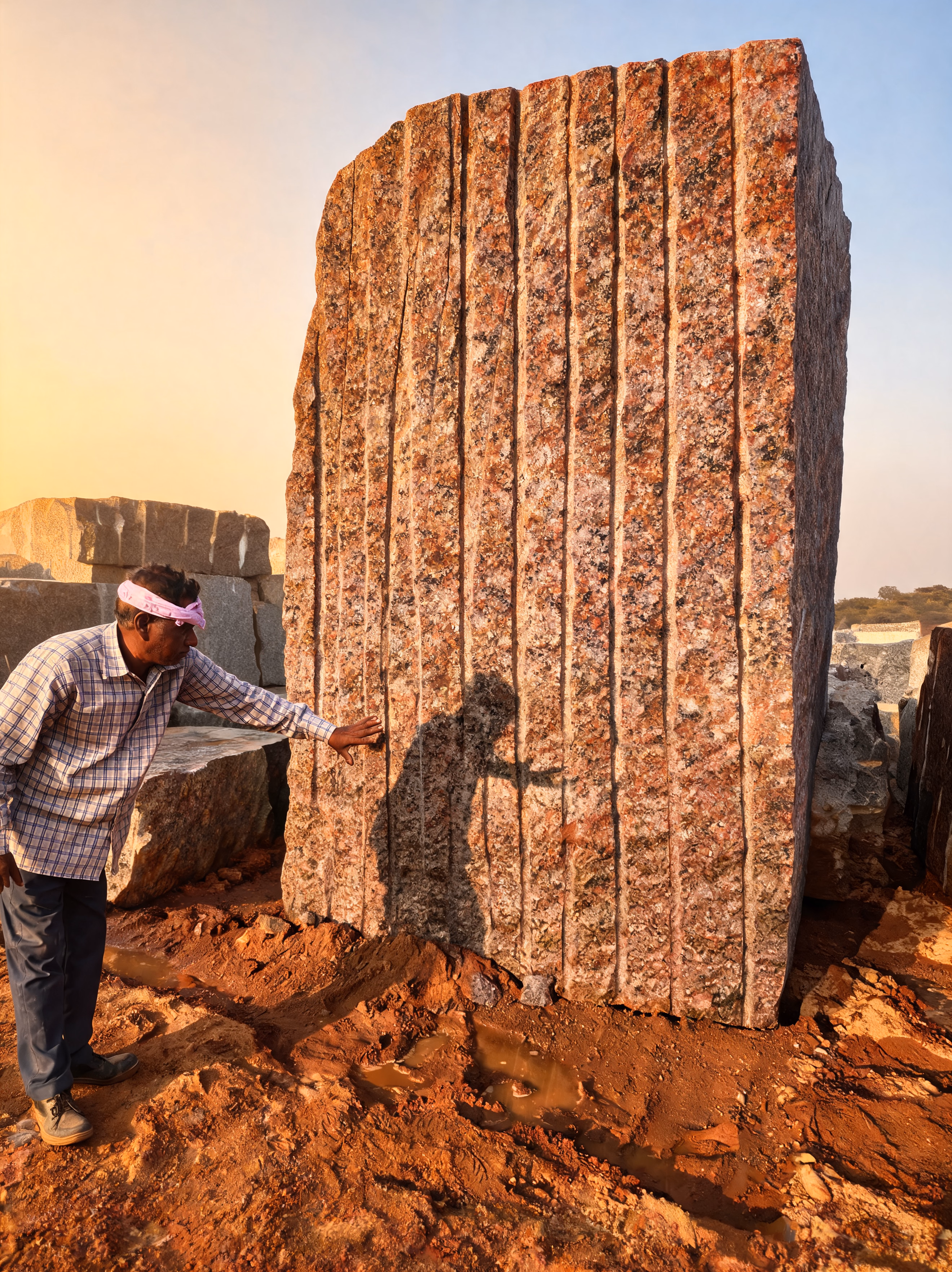 A dressed granite block standing in the Dharani Monoliths quarry, Choutuppal