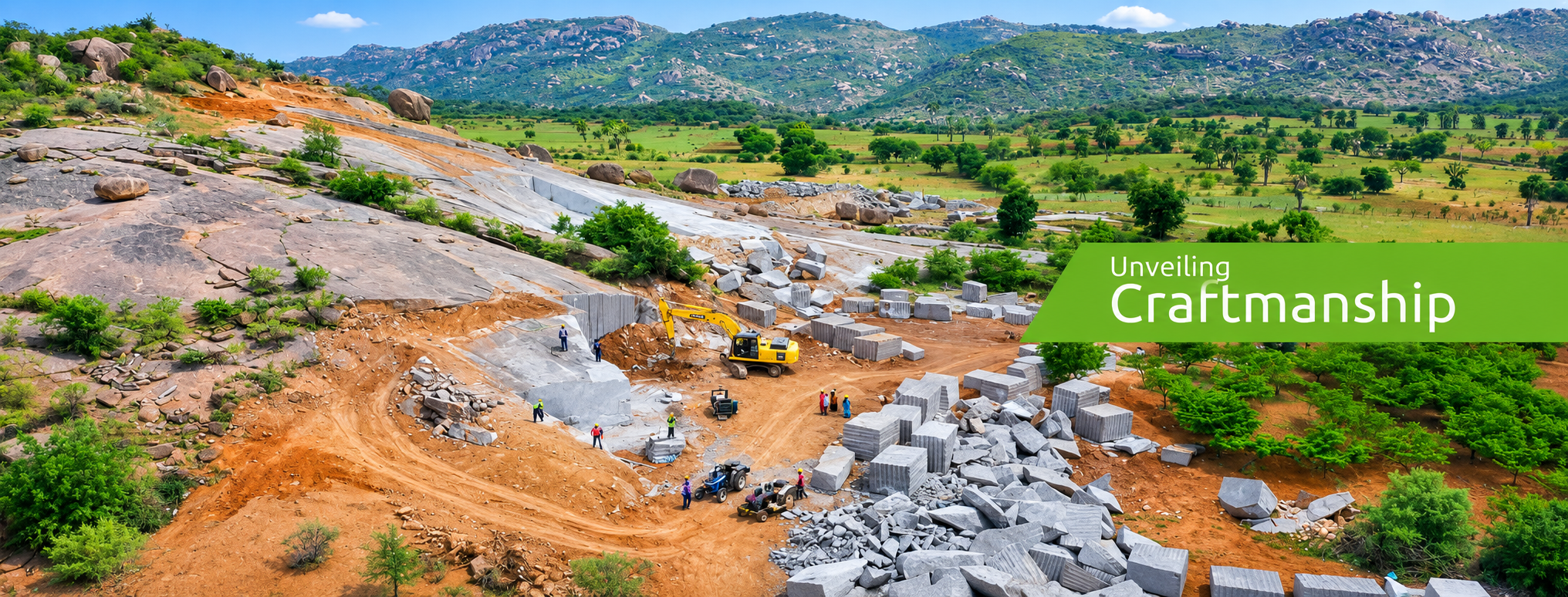 Aerial overview of Dharani Monoliths granite quarry operations and block dressing yard