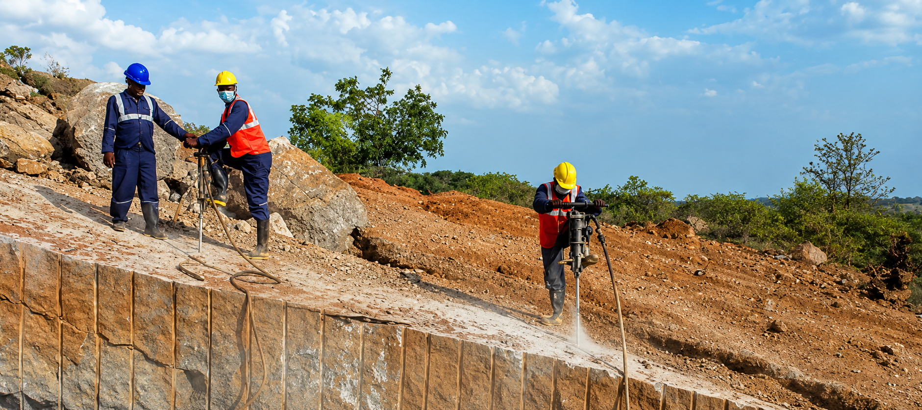 Dharani Monoliths quarry crew drilling granite bench wall with pneumatic rock drills in Choutuppal