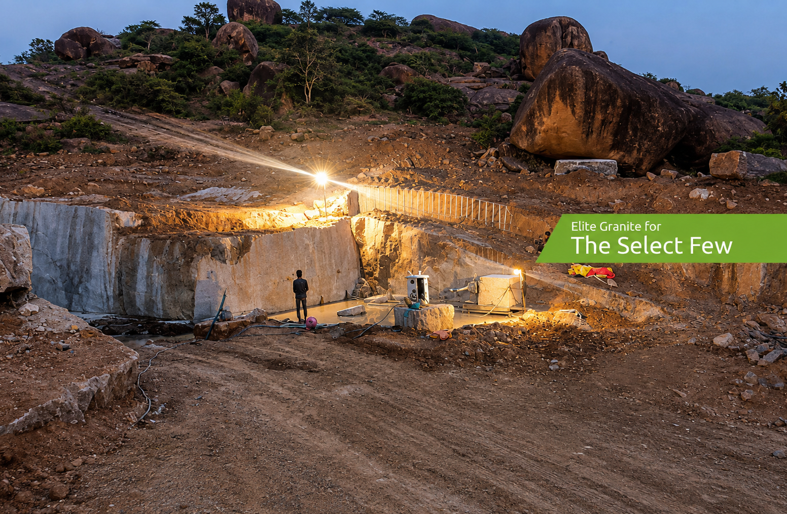 Night operations at the Choutuppal quarry with floodlight illuminating wire-saw cutting site
