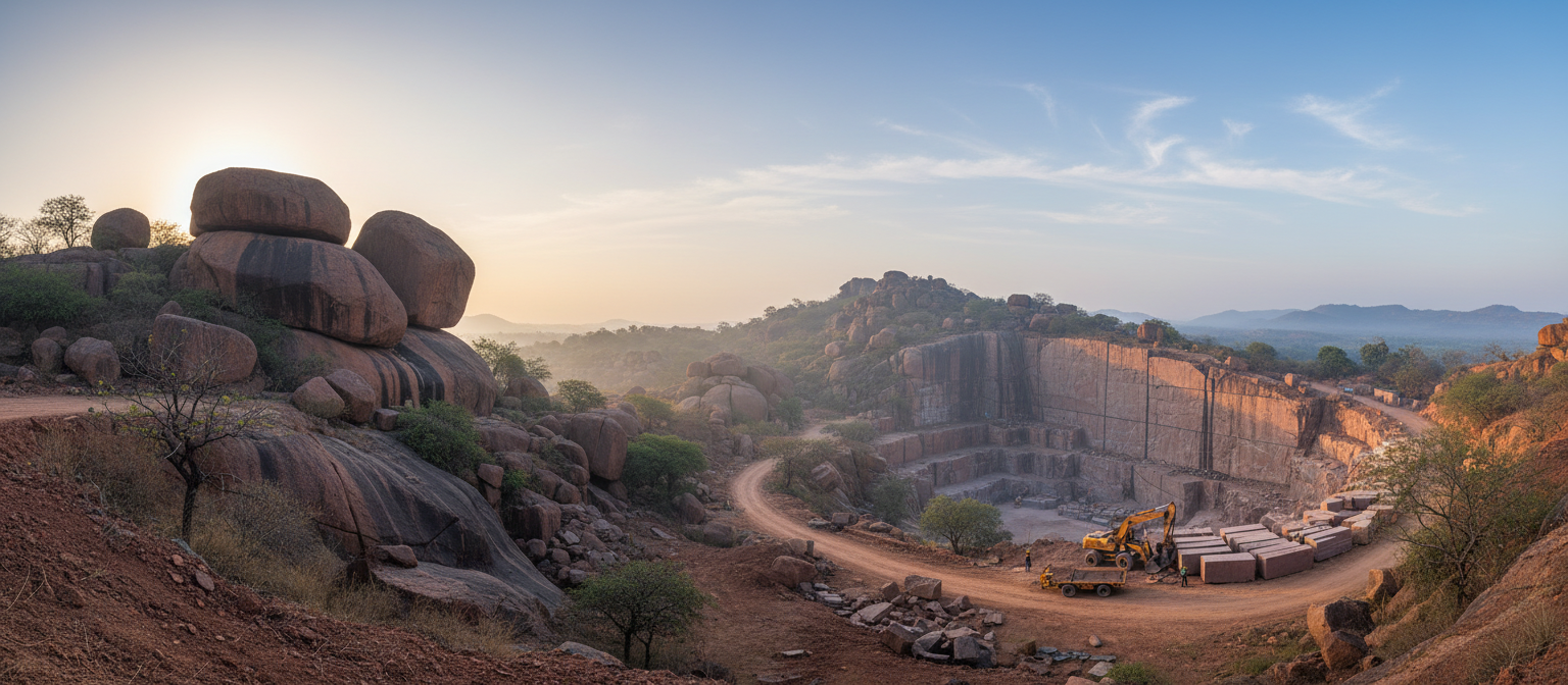 Panoramic morning view of Dharani Monoliths granite quarry pit and surrounding Deccan landscape